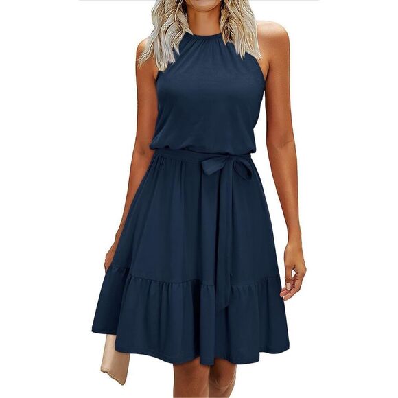 NEW Navy Blue Halter Mini Dress Ruffle Pockets M - Picture 1 of 8